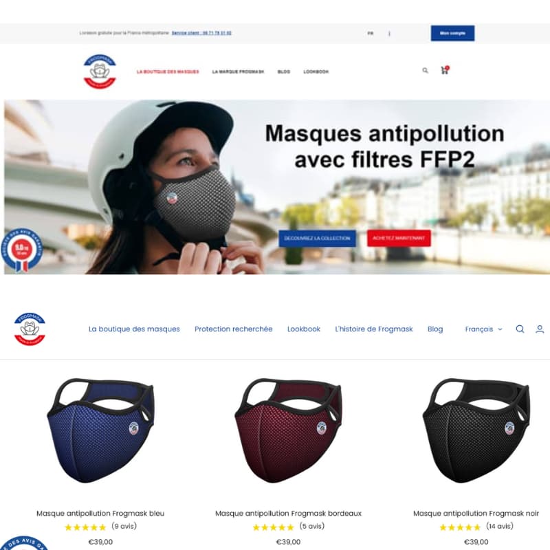 Page d'accueil site internet des masques antipollution Frogmask